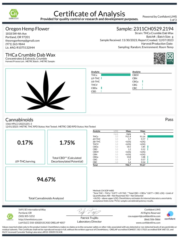 lab results lab test gods gift god's gift thca crumble thca concentrates